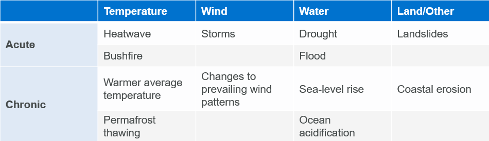 Table of climate-related physical risks