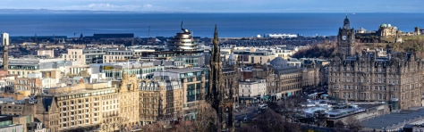 View of Edinburgh city centre, Hollyrood Palace, Scotland, UK, United Kingdom, Scottish Parliament, Great Britain, historical British city.