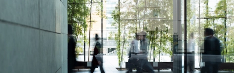 An image of business people walking in an office building 